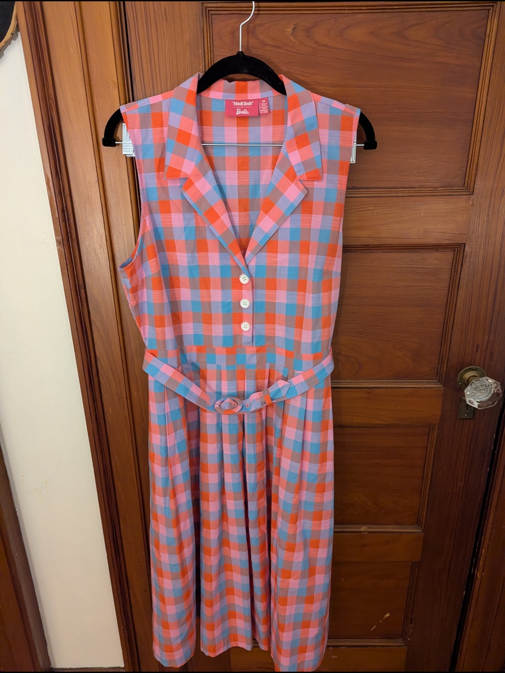 Modcloth Coral and Light Blue Plaid Sleeveless Belted Midi Dress
